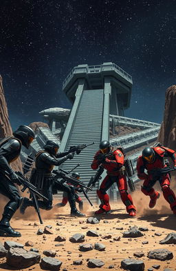 A dramatic clash between two units of black and red military cyborgs on the rocky surface of a distant planet