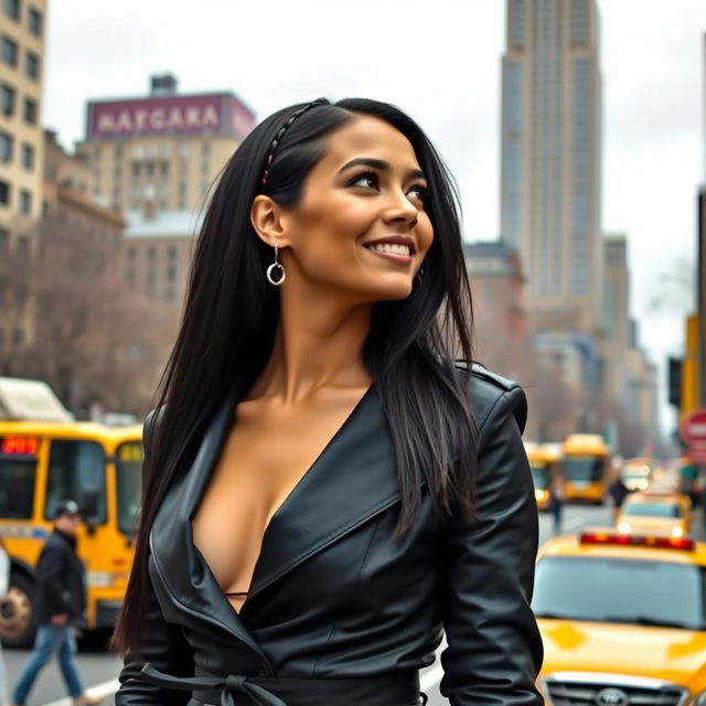 A single 34-year-old woman in New York City, exhibiting a unique and striking style with long, straight dark hair and wearing a chic, fashionable outfit that stands out in the urban environment