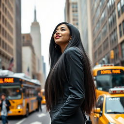 A single 34-year-old woman in New York City, exhibiting a unique and striking style with long, straight dark hair and wearing a chic, fashionable outfit that stands out in the urban environment