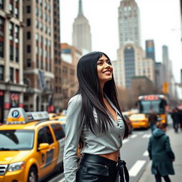 A single 34-year-old woman in New York City, exhibiting a unique and striking style with long, straight dark hair and wearing a chic, fashionable outfit that stands out in the urban environment