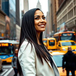A single 34-year-old woman in New York City, exhibiting a unique and striking style with long, straight dark hair and wearing a chic, fashionable outfit that stands out in the urban environment