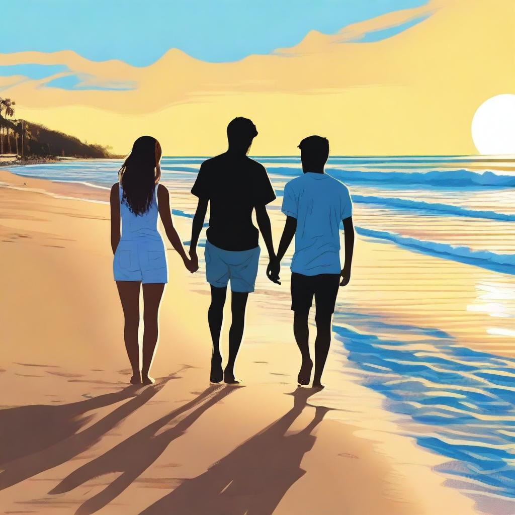 A high-quality, realistic digital art image showcasing a teen couple at the beach