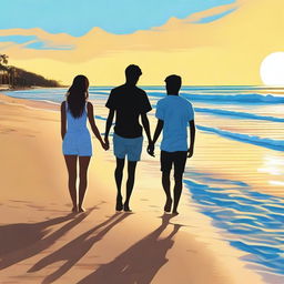 A high-quality, realistic digital art image showcasing a teen couple at the beach