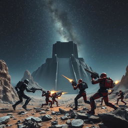 An intense battle between two units of black and red military cyborgs on the rocky surface of an alien planet