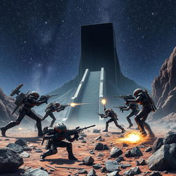 An intense battle between two units of black and red military cyborgs on the rocky surface of an alien planet