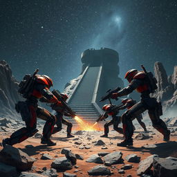 An intense battle between two units of black and red military cyborgs on the rocky surface of an alien planet