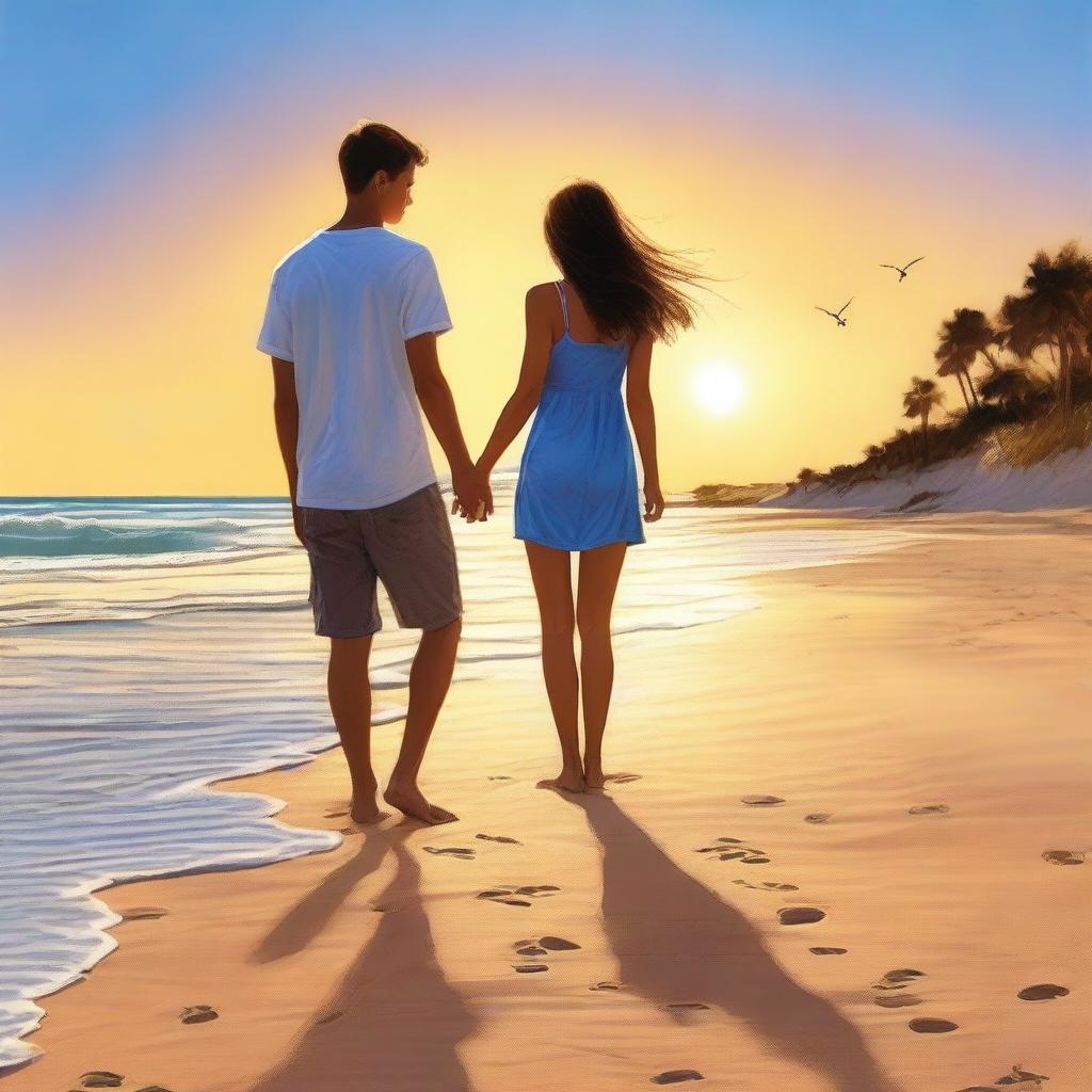 A high-quality, realistic digital art image showcasing a teen couple at the beach