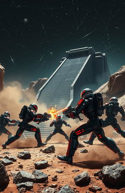 A thrilling battle scene between two units of sleek black and bright red military cyborgs, fiercely clashing on the rugged surface of a rocky planet
