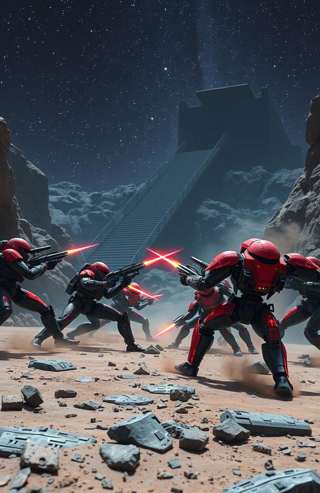 A thrilling battle scene between two units of sleek black and bright red military cyborgs, fiercely clashing on the rugged surface of a rocky planet