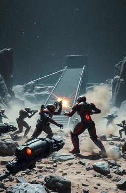 A thrilling battle scene between two units of sleek black and bright red military cyborgs, fiercely clashing on the rugged surface of a rocky planet