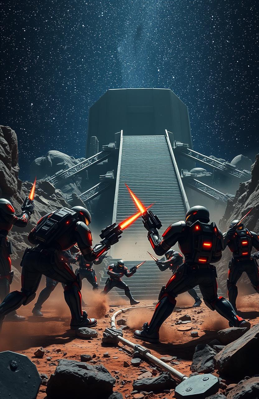 A thrilling battle scene between two units of sleek black and bright red military cyborgs, fiercely clashing on the rugged surface of a rocky planet