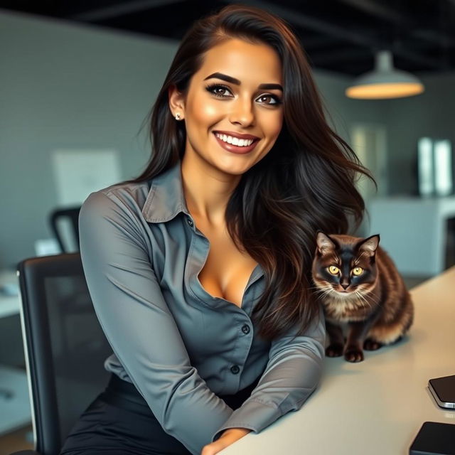 A young, attractive Spanish secretary with a sultry smile and a confident demeanor, dressed in a stylish office outfit that highlights her figure