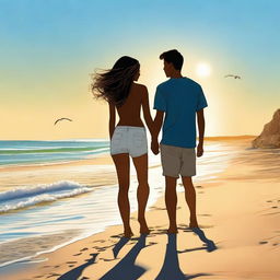 A high-quality, realistic digital art image showcasing a teen couple at the beach