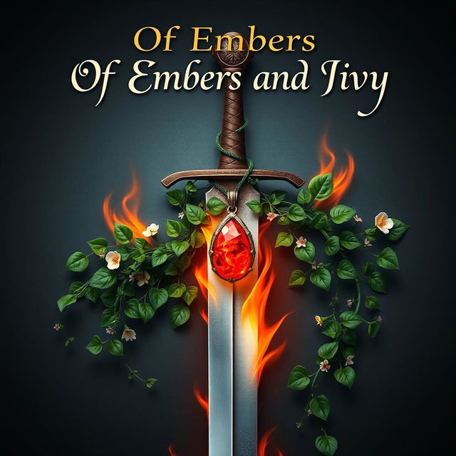 A detailed book cover design titled "Of Embers and Ivy" featuring a sword at the center, elegantly wrapped in lush, green ivy vines adorned with delicate small flowers