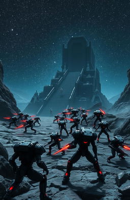 An epic battle scene between units of black and red military cyborgs on the rocky surface of a distant planet