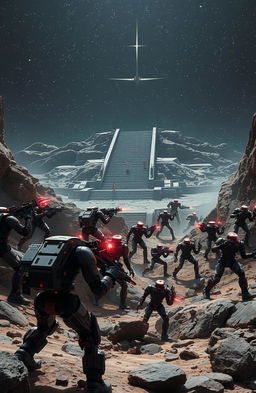 An epic battle scene between units of black and red military cyborgs on the rocky surface of a distant planet