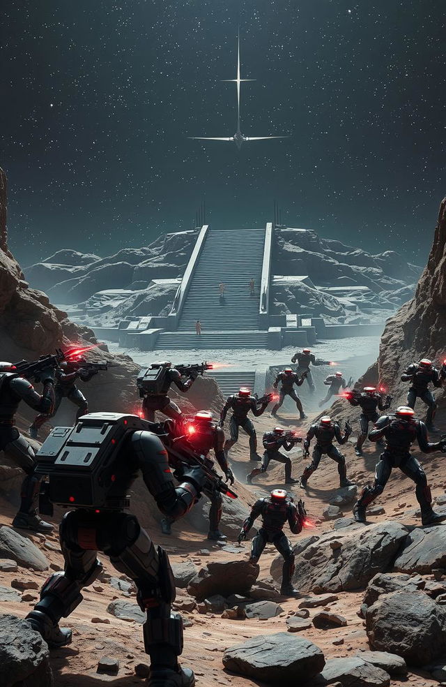 An epic battle scene between units of black and red military cyborgs on the rocky surface of a distant planet