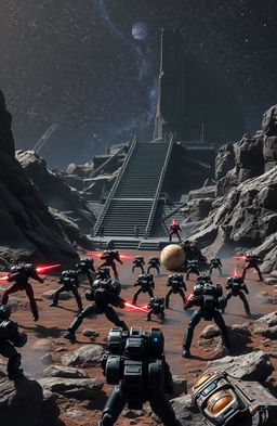 An epic battle scene between units of black and red military cyborgs on the rocky surface of a distant planet
