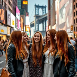 A captivating scene in New York City featuring several women, all identical in appearance, showcasing a 34-year-old look with long, straight auburn hair and wearing matching stylish outfits, such as chic dresses and trendy jackets