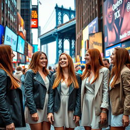 A captivating scene in New York City featuring several women, all identical in appearance, showcasing a 34-year-old look with long, straight auburn hair and wearing matching stylish outfits, such as chic dresses and trendy jackets