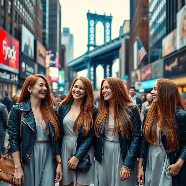 A captivating scene in New York City featuring several women, all identical in appearance, showcasing a 34-year-old look with long, straight auburn hair and wearing matching stylish outfits, such as chic dresses and trendy jackets