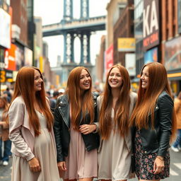 A captivating scene in New York City featuring several women, all identical in appearance, showcasing a 34-year-old look with long, straight auburn hair and wearing matching stylish outfits, such as chic dresses and trendy jackets