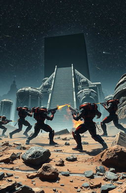 A dramatic battle scene taking place on the rocky surface of a distant planet, featuring two five-man units of military cyborgs in black and red fighting fiercely