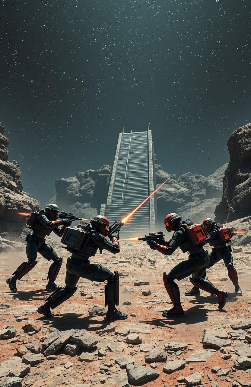 A dramatic battle scene taking place on the rocky surface of a distant planet, featuring two five-man units of military cyborgs in black and red fighting fiercely