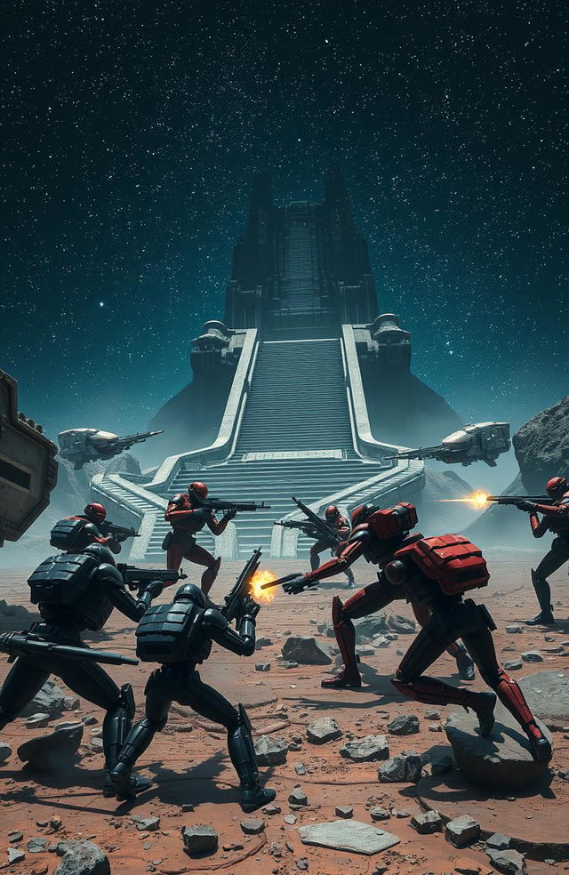 A dramatic battle scene taking place on the rocky surface of a distant planet, featuring two five-man units of military cyborgs in black and red fighting fiercely