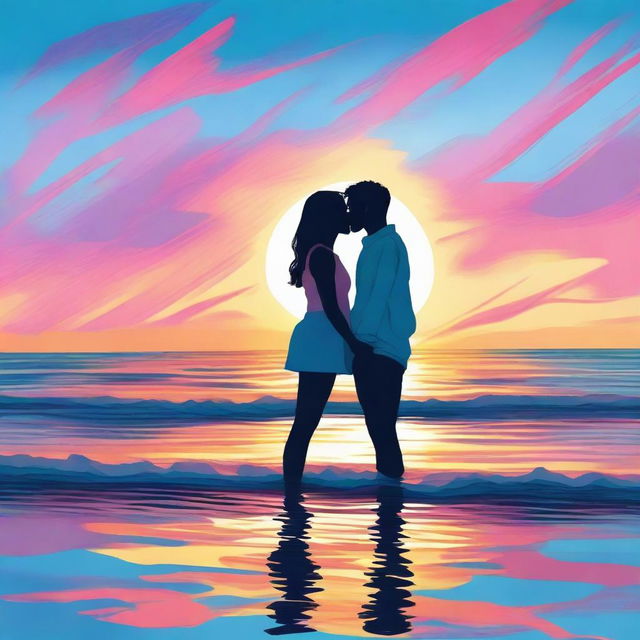 A high-quality digital art image portraying a teen couple sharing a passionate kiss in the sea