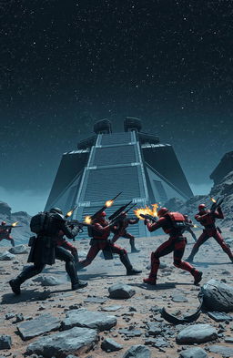 A dramatic battle scene taking place on the rocky surface of a distant planet, featuring two five-man units of military cyborgs in black and red fighting fiercely