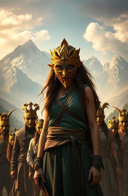 An epic fantasy scene depicting a young woman named Gima, standing confidently at the forefront of a diverse group of followers