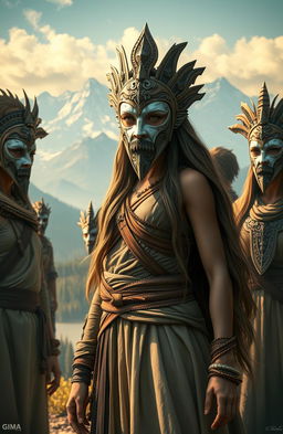 An epic fantasy scene depicting a young woman named Gima, standing confidently at the forefront of a diverse group of followers
