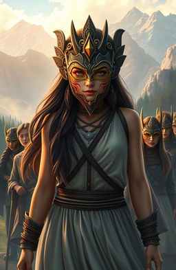 An epic fantasy scene depicting a young woman named Gima, standing confidently at the forefront of a diverse group of followers