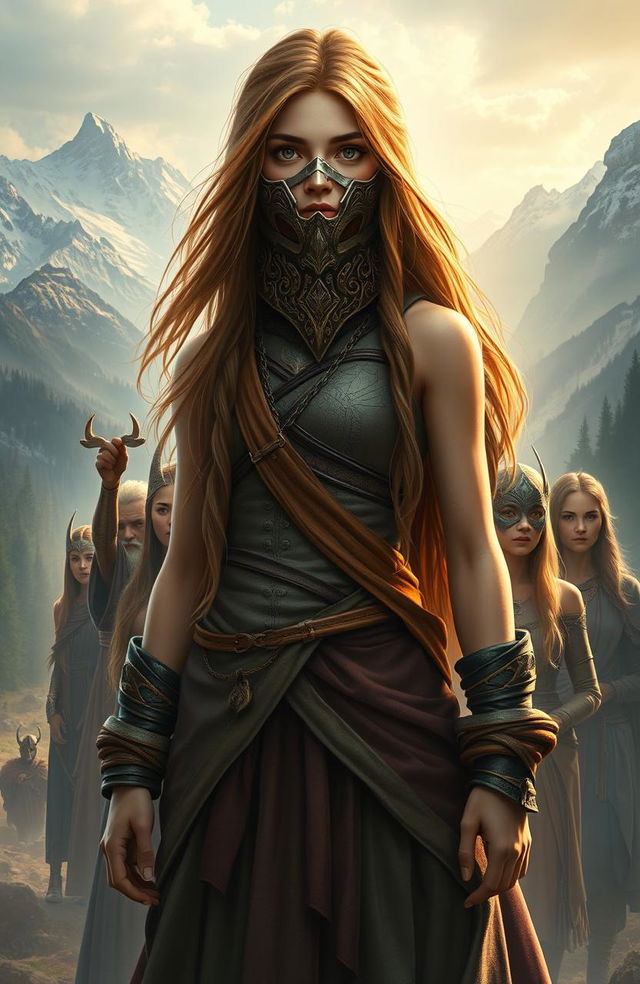 An epic fantasy scene depicting a young woman named Gima, standing confidently at the forefront of a diverse group of followers