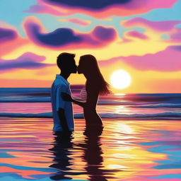 A high-quality digital art image portraying a teen couple sharing a passionate kiss in the sea