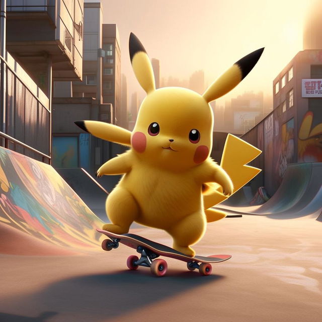 Pikachu animated, performing skateboarding tricks in a vibrant urban skatepark