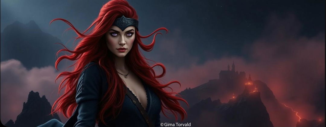 A fantasy scene featuring a striking woman with long, vibrant red hair, embodying strength and determination