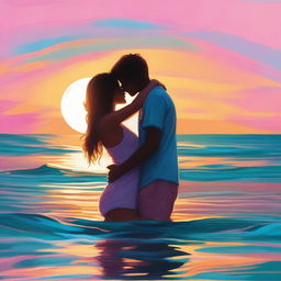 A high-quality digital art image portraying a teen couple sharing a passionate kiss in the sea