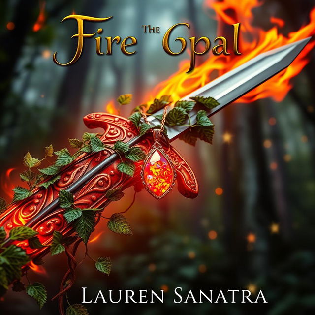 A striking book cover featuring a sword with intricate designs, its blade wrapped in lush, green ivy vines that are ablaze with reddish-orange flames