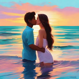 A high-quality digital art image portraying a teen couple sharing a passionate kiss in the sea