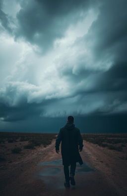 A solitary man in a dark raincoat walking away from the viewer, towards an approaching storm