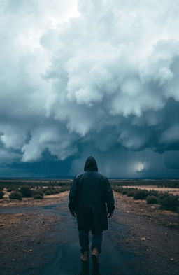 A solitary man in a dark raincoat walking away from the viewer, towards an approaching storm