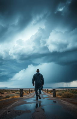 A solitary man in a dark raincoat walking away from the viewer, towards an approaching storm