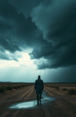 A solitary man in a dark raincoat walking away from the viewer, towards an approaching storm