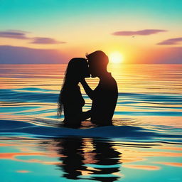 A high-quality digital art image depicting a teen couple sharing a romantic kiss in the sea