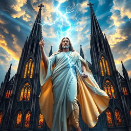 A majestic depiction of Jesus as the Greek God of Thunder, standing proudly in front of the stunning Chatedral Basilica