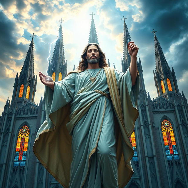 A majestic depiction of Jesus as the Greek God of Thunder, standing proudly in front of the stunning Chatedral Basilica