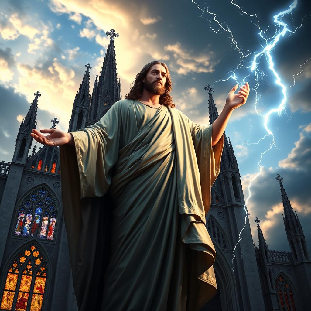 A majestic depiction of Jesus as the Greek God of Thunder, standing proudly in front of the stunning Chatedral Basilica