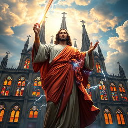A majestic depiction of Jesus as the Greek God of Thunder, standing proudly in front of the stunning Chatedral Basilica